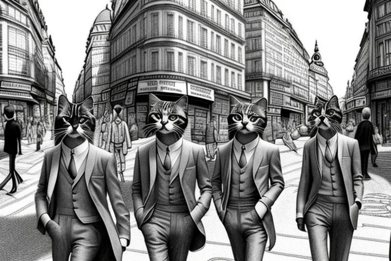 Mature cats are "The Beatles", playing music, street, Vienna, friendly, sunny day, model style, hyper realistic, extremely accurate, delicate, extremely detailed, Graphic novel style, wide-angle, open aperture, superfine pencil