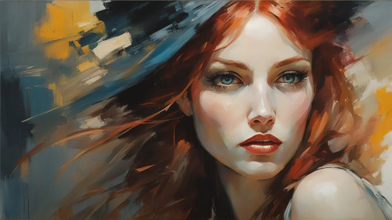 Athletic Petite Pale Russian Redhead Woman 30yo, Long Eye Lashes, Eye Shadow, Eye Liner, by Robert McGinnis + Jeremy Mann + Carne Griffiths + Leonid Afremov