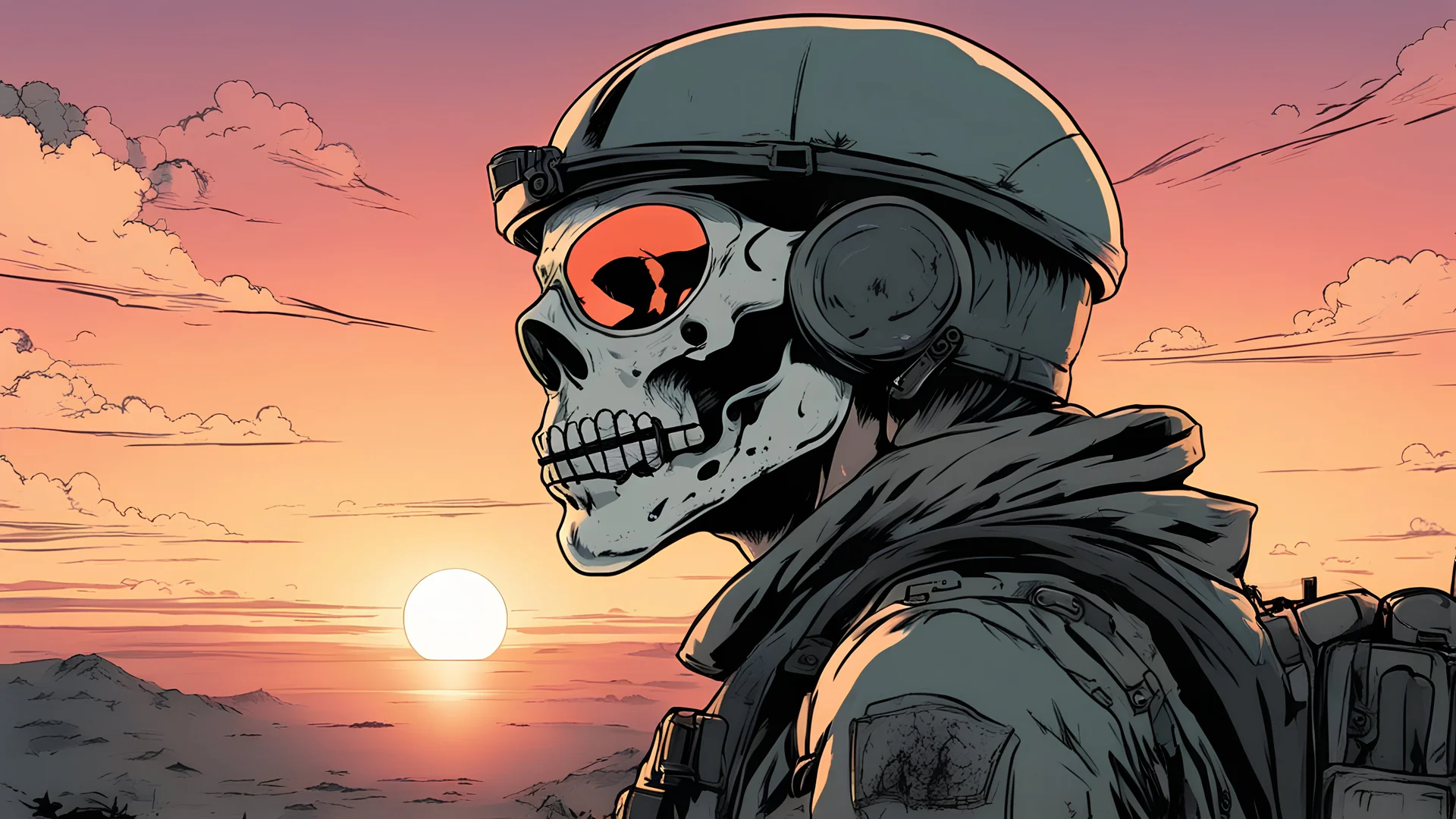 modern soldier with a skull mask looking over a sunset from behind drawn by akira toriyama