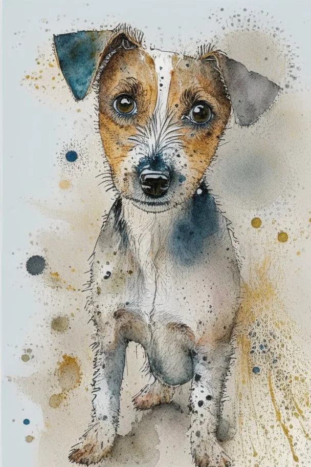 Abstract wet watercolour of a rough coated jack Russell, ink lines, interlinked circles, detailed,focus on eyes, watercolour paper