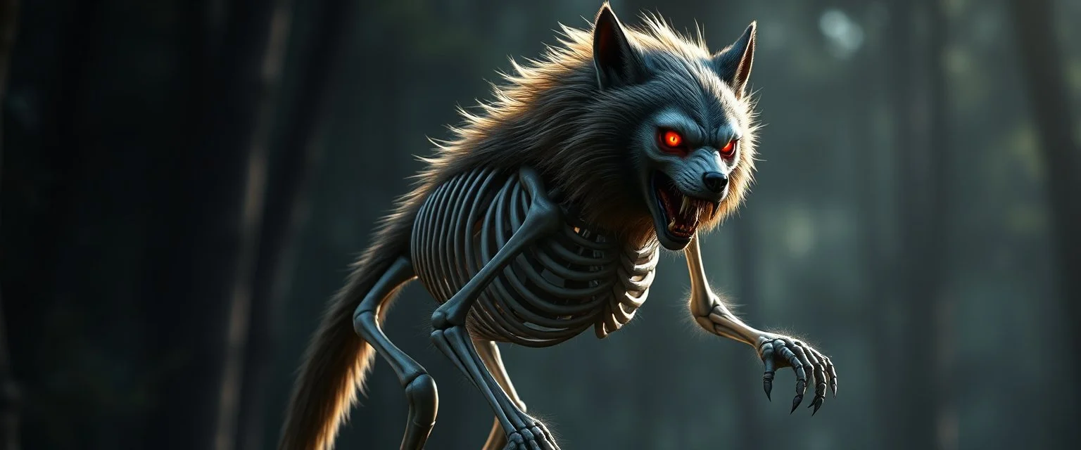 radiant werewolf merecat thick Skeleton with lotsa fluffy fur, motion blur background dark forest