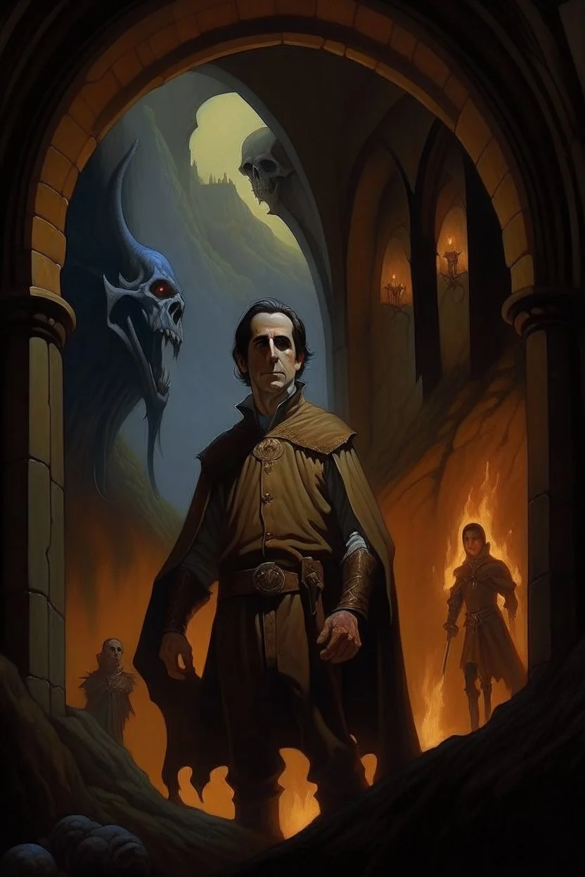 1970's dark medieval fantasy cover dnd style oil painting of jerry seinfeld with minimalist far perspective.