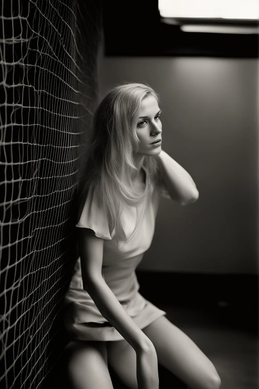 Fine art photography. Artistic photo of a young blond Polish wearing only fishnet red stockings woman taken with a Mamiya M645 camera with a portrait lens on classic Ilford medium-format film, contrast light, high-key