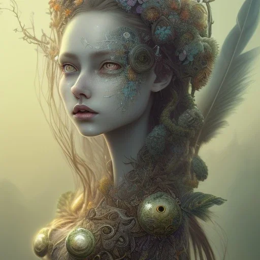 karlan, rusty metal, feathers, Dryad, fae, sidhe, ominous, nature, plants, wildflower, facepaint, dnd character portrait, intricate, oil on canvas, masterpiece, expert, insanely detailed, 4k resolution, retroanime style, cute big circular reflective eyes, cinematic smooth, intricate detail , soft smooth lighting, soft pastel colors, painted Renaissance style