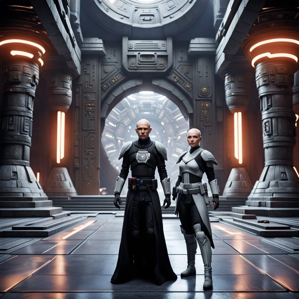 a bold and heroic bald male Corellian pilot in black and metallic grey First Order special forces gear meets a female Jedi Master in ancient, mystical temple, hyperdetailed, dynamic lighting, hyperdetailed background, 8k resolution, volumetric lighting, light skin, fully symmetric details