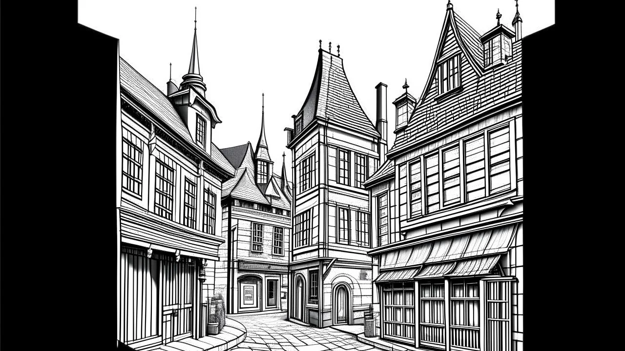 Ground-level black-and-white outline sketch of Diagon Alley, houses, and shops, with tall, crooked roofs and chimneys