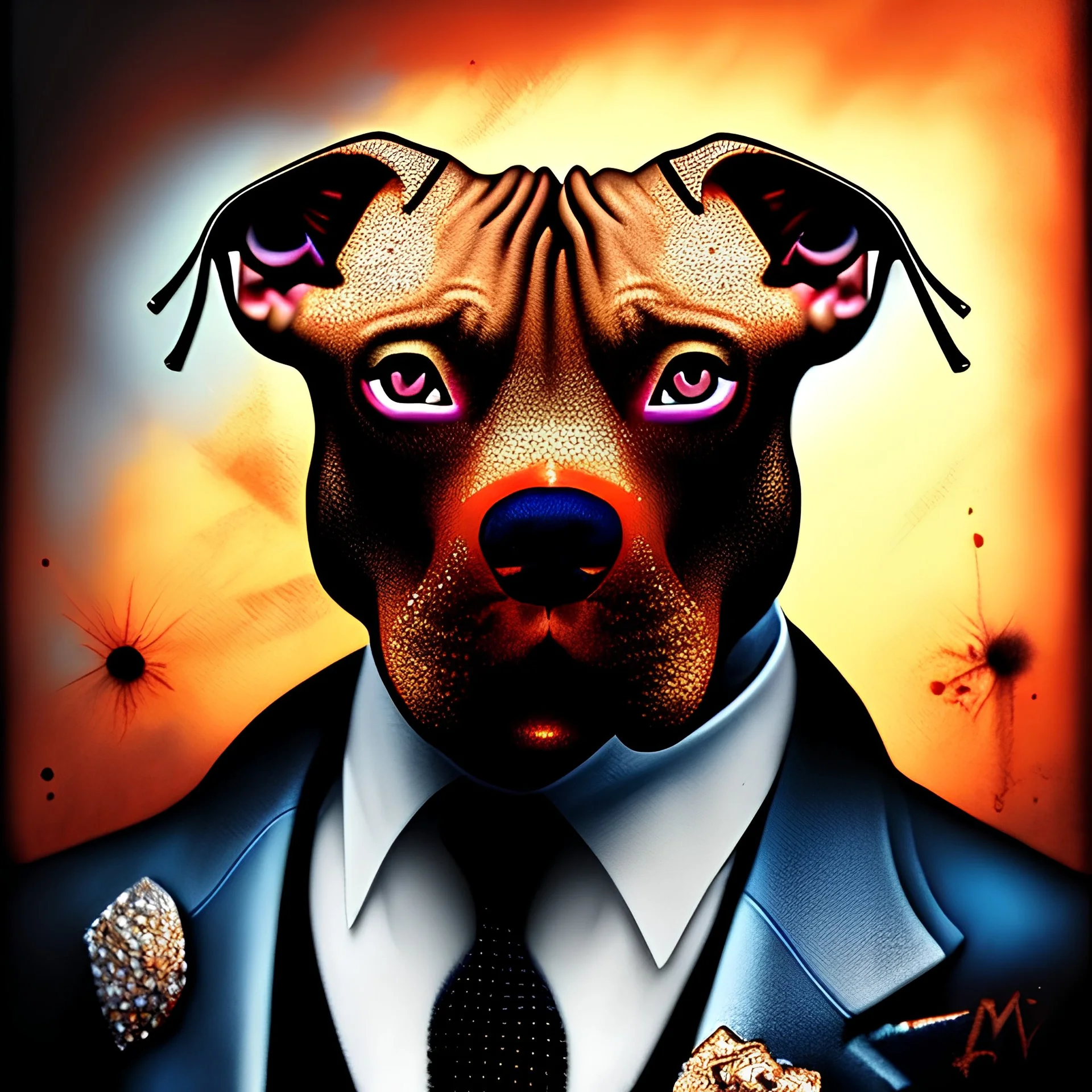  spray paint art,portrait pit bull mafia boss, holding up auto-pistol and wearing suit, city streets,run for cover, book illustration