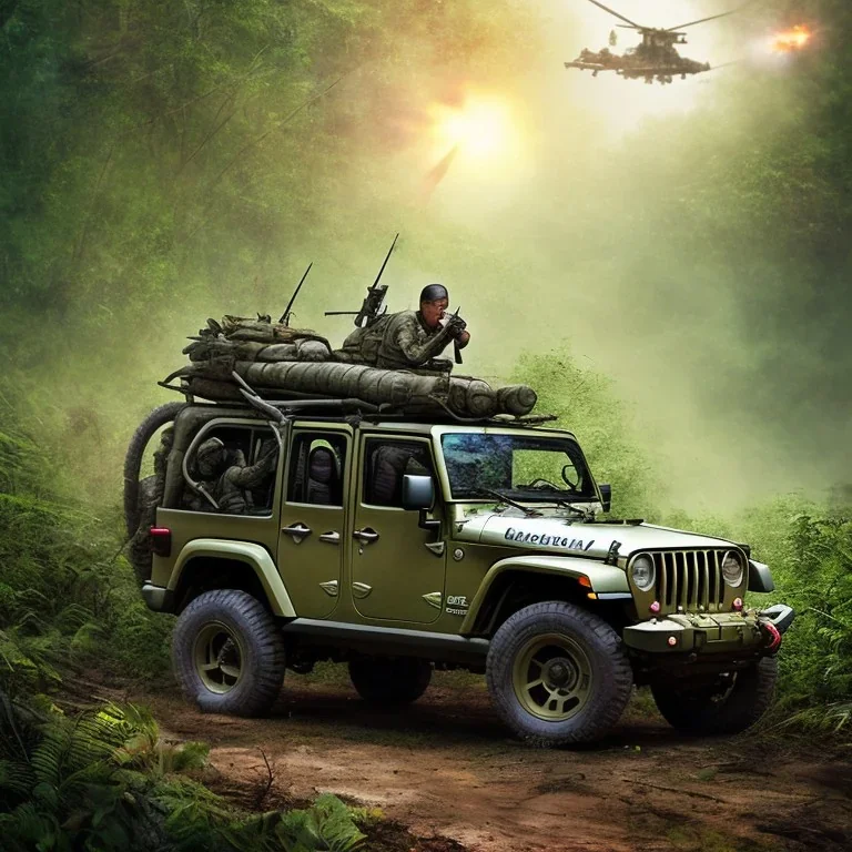 vietnam war. war report. jeep in jungle. poster. bokeh. lens flare. warm lights. high detailed