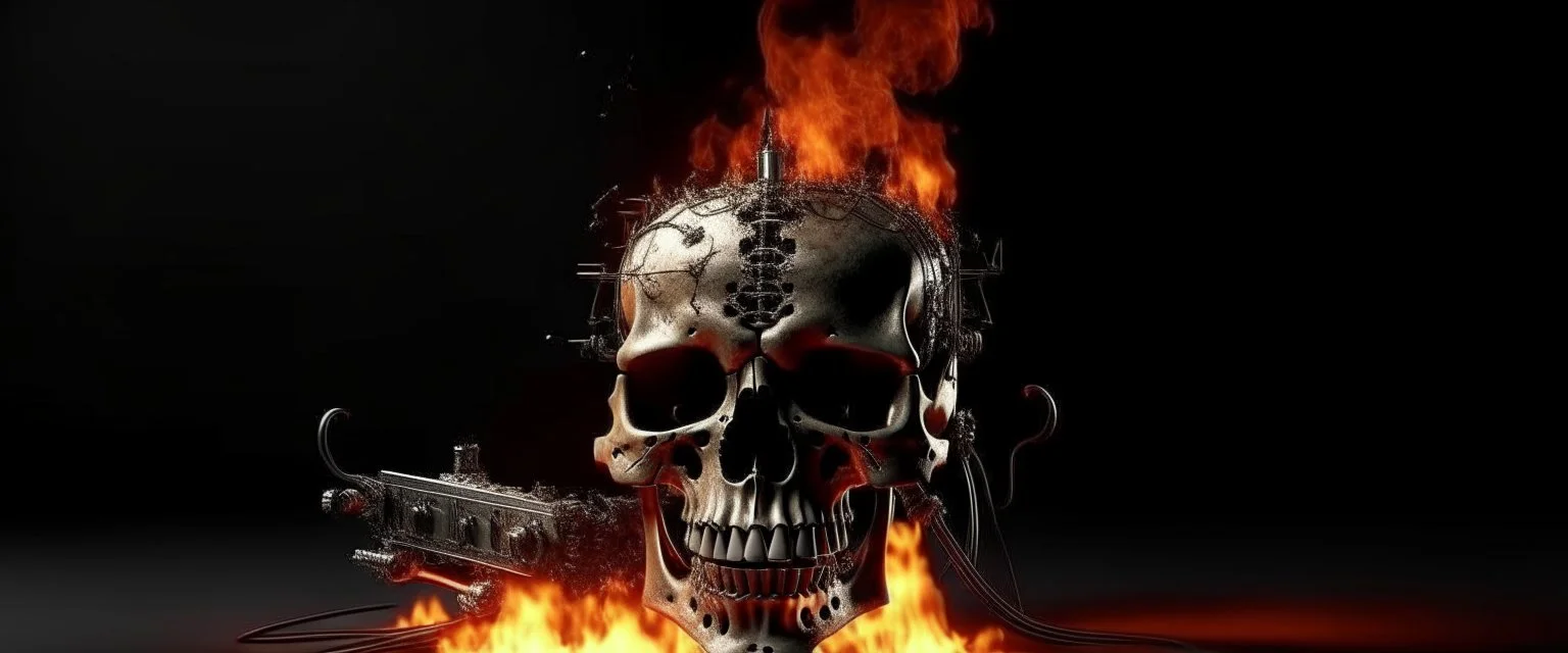 4K. REALISTIC FULL DETAILS. LOGO EMISSION DE RADIO HARDROCK FIRESTARTER TERMINATOR. FLAMMES EN FOND D IMAGE ET STUDIO DE RADIO QUI BRULE