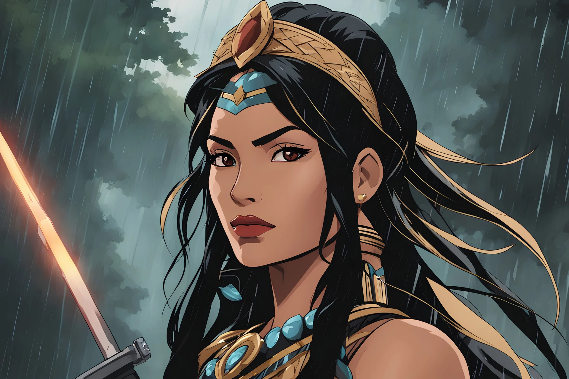 Badass pocahontas in the style of berserk in 8k solo leveling shadow artstyle, machine them, close picture, rain, intricate details, highly detailed, high details, detailed portrait, masterpiece,ultra detailed, ultra quality