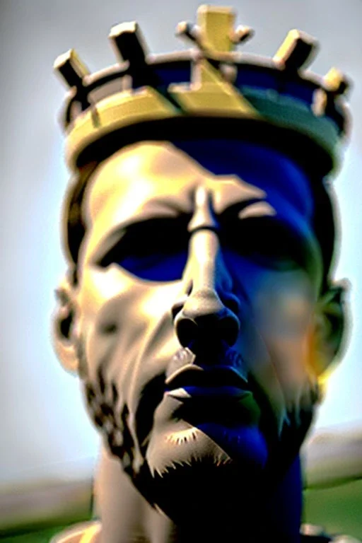 Ultra Realistic image, Roman sculpture, white marble material, Lionel Messi, gold crown of natural thorns, god crown, Miguel Angel style, sun rays background, waist up portrait, epic, celestial, cinematic lighting, God lights, 4k resolution, smooth details, soft lighting, unreal engine 5, art station, substance 3d.