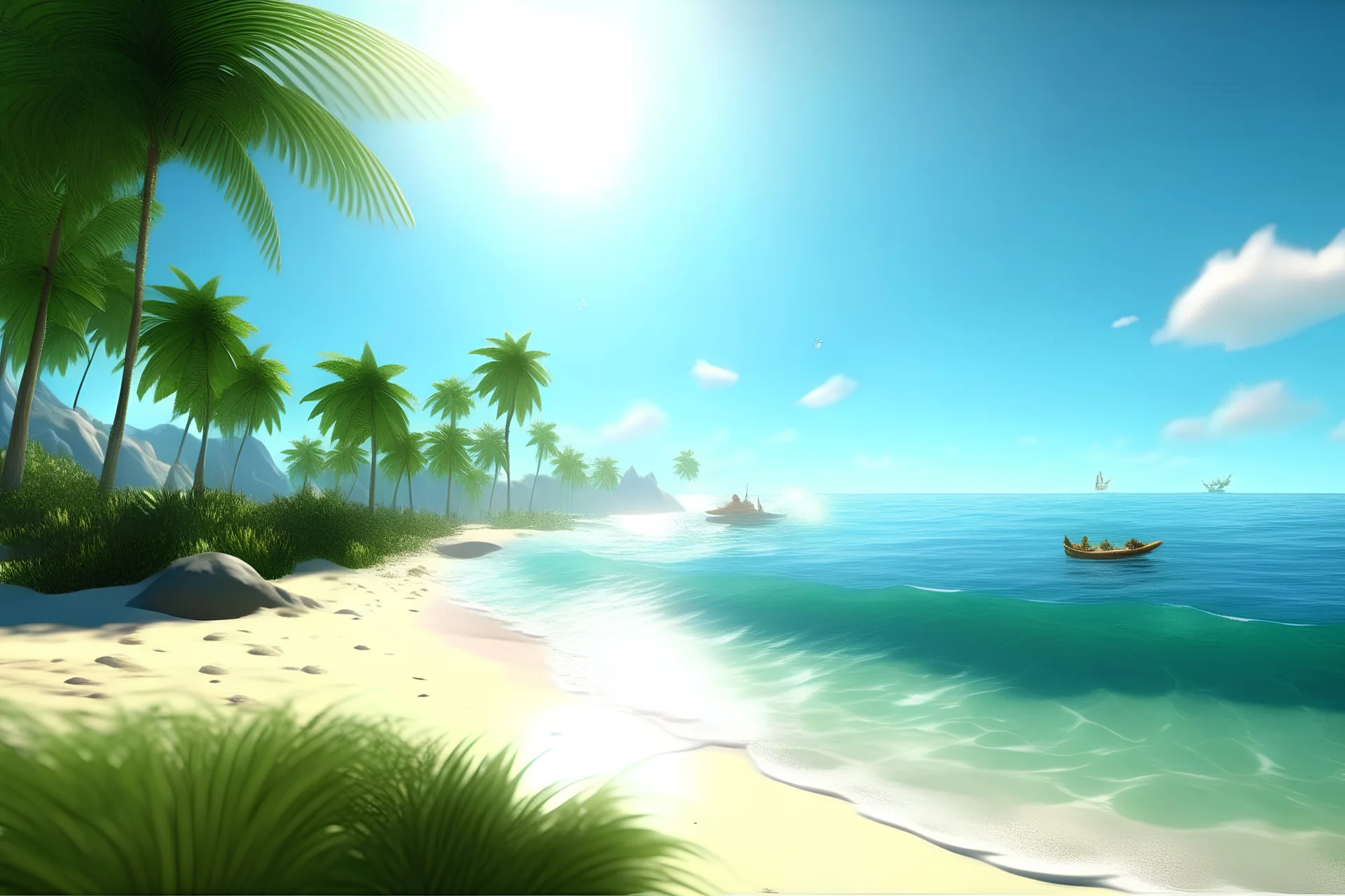 ocean, beautiful beach, sunny day, palms, happy people, hyperrealistic 16k, 3d rendering, expressively detailed, dynamic light,
