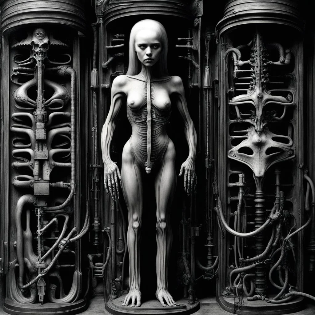 HR Giger's biomechanical art often features dark, erotic, and surreal elements that can be interpreted as having BDSM (bondage, discipline, dominance, submission, sadism, and masochism) undertones. The fusion of organic and mechanical forms in Giger's work can evoke a sense of power dynamics, control, and submission, which are common themes in BDSM. Giger's art, including his famous creation, the biomechanical alien from the "Alien" film series, is known for its sexual and fetishistic imagery.