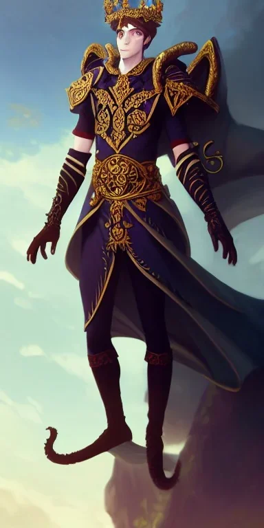 wide angle beautiful full body portrait of a strong male anthropomorphic thiefling wearing ornate - themed magic fantasy armor and a crown. character design by disney, anime, manga, charlie bowater, ross tran, artgerm, and makoto shinkai, detailed, soft lighting, rendered in octane