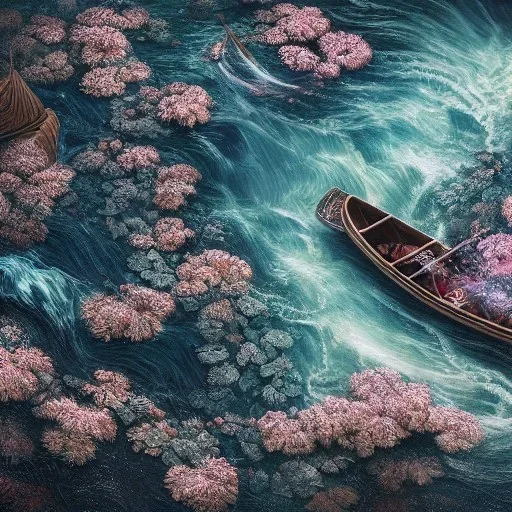 Birdseye,Insanely detailed photograph of an “artitcture plans of a canoe on river with rapids ” with intricate waves, intricate embroidered band of stars, hyperdetailed painting by Ismail Inceoglu Huang Guangjian and Dan Witz CGSociety ZBrush Central fantasy art album cover art,8K, hdr, romantic, mysterious, ominous, flowers, jewelry, steam,oil,cafe,street vendor,steamship,D&D