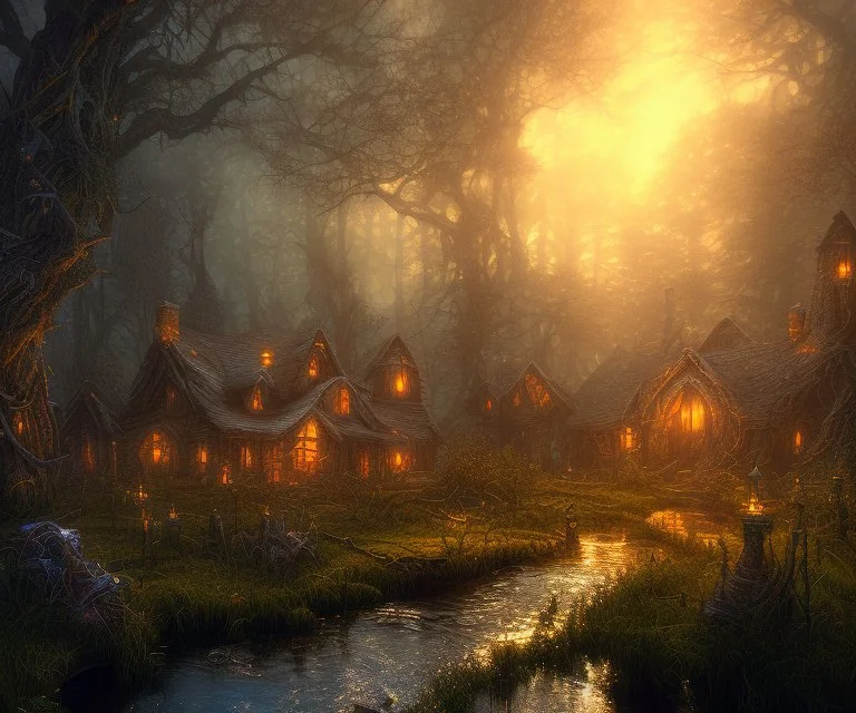 dynamic lighting, Intricately detailed, Splash screen art, deep color, Unreal Engine, volumetric lighting, dark fantasy artwork, dark swamp artwork, fantasy swamp artwork, cottage, night,