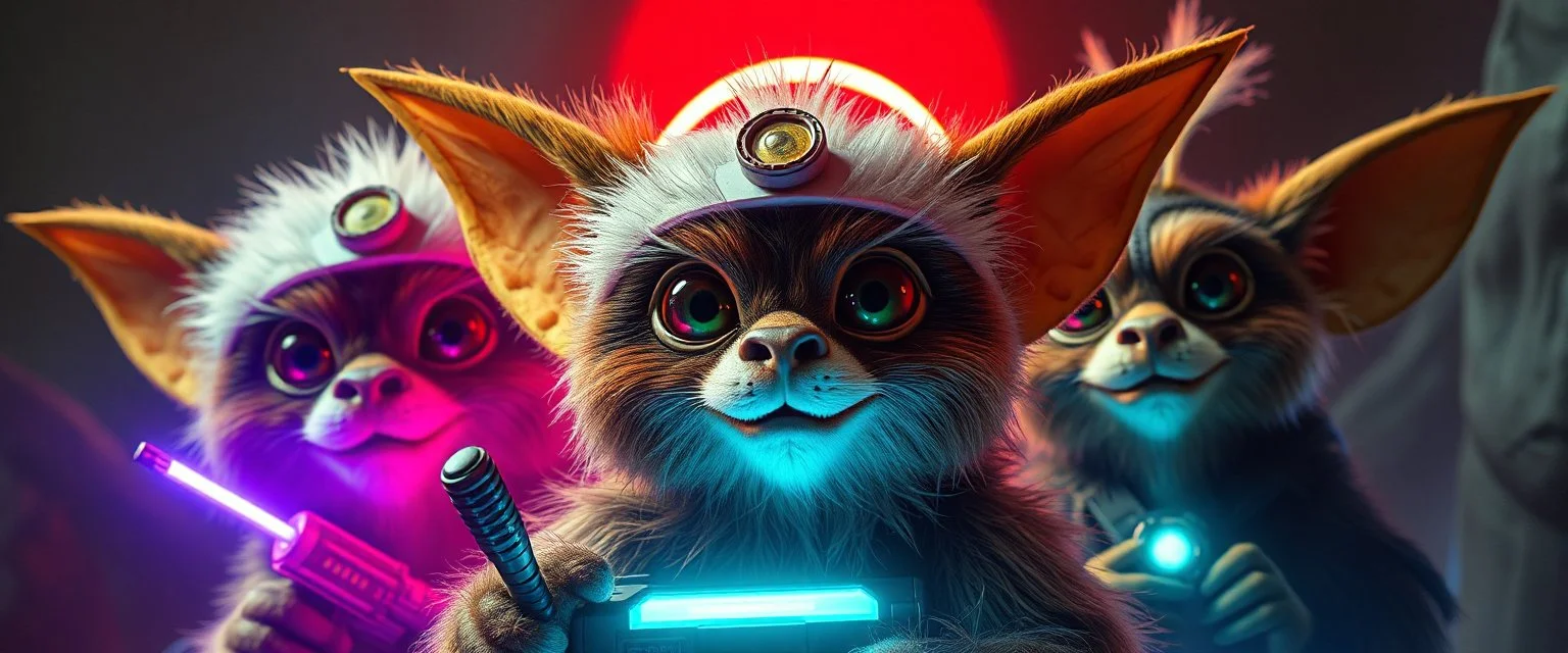 volume fog light, hyper real close up on fluffy faces of rock cute charming alien cricket coyote priest gremlin fashion general with hi tech transcendent lazer plasma blaster arsenal from hell, guarding bridge up to space saucer neon plastic transparent, movie poster