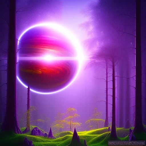 rainy forest with a purple planet over the land