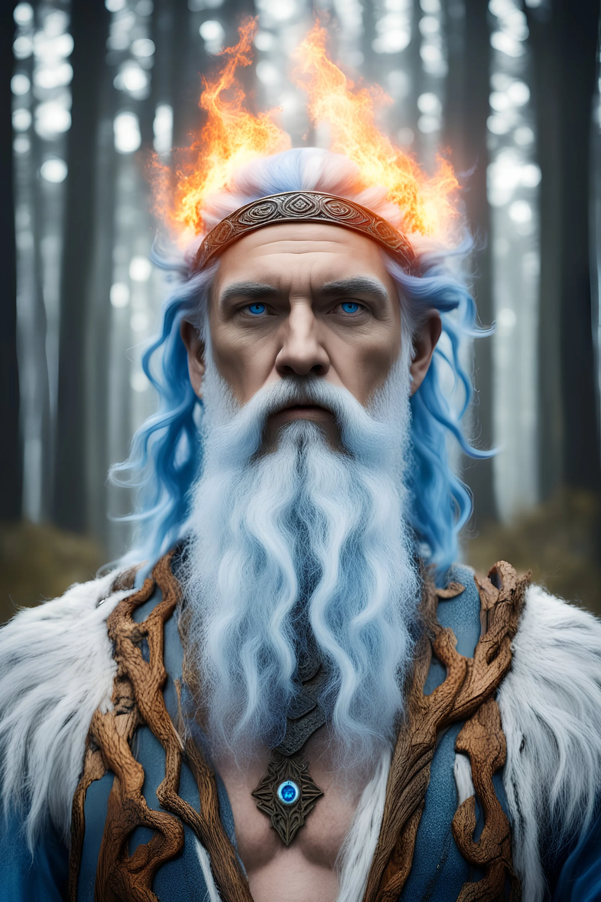 god Zeus in the forest, blue eyes, white beard, oak grove, fire, lightning, blue hair, ethnic symbols, Scandinavian signs on the body, high definition image, realistic image on a white background