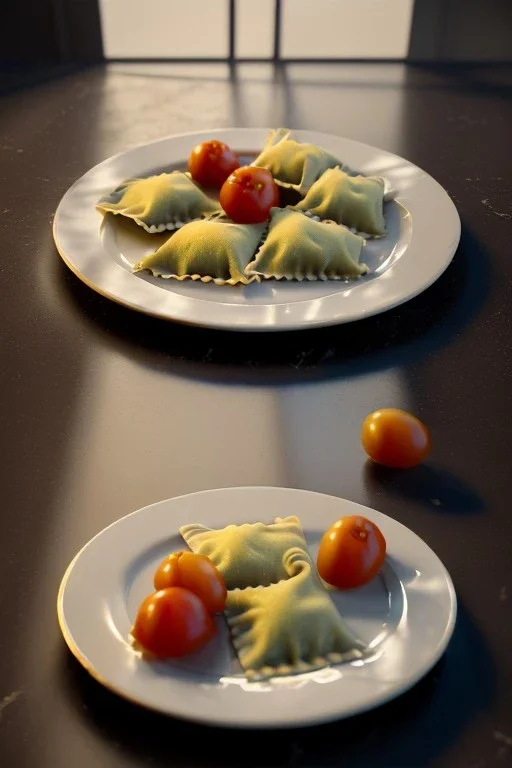 Raviolis, Italian Renaissance style still life consisting of a plate of Italian ravioli with natural cherry tomato and basil accompanied by olives, moisture ambient, natural ornaments, ceramic, marble, high kitchen, smooth, god rays, unreal engine 5, ray tracing, RTX, lumen lighting, ultra detail, volumetric lighting, 3d.