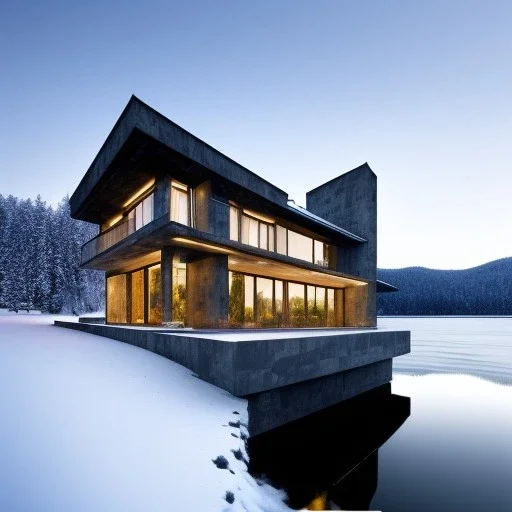 luxury home on a lake in the snowy mountains