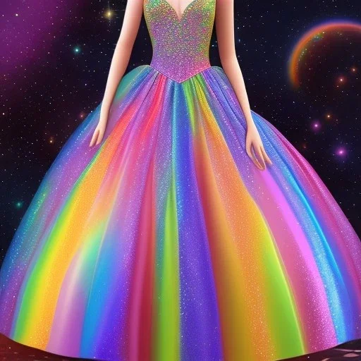 Glittery rainbow ball gown, full view