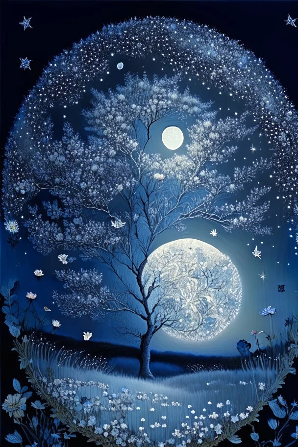 a background of softly blended blues, greys, silvers, and whites with distant, twinkling stars in the sky, an a circle moon casting a soft glow of light on a foreground of a field of various flowers surrounding a tree of life