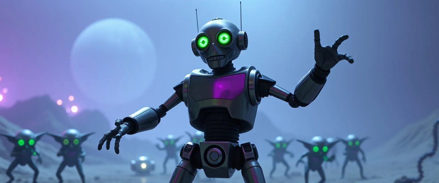 A robot named Dave started doing the splits, Blew a fuse in his hips and short-circuited his bits, The Martian fluffy gremlins went wild, the Plutonians screamed, Even black-and-white aliens turned ultraviolet green! in the style of fallout 4 and HR Giger