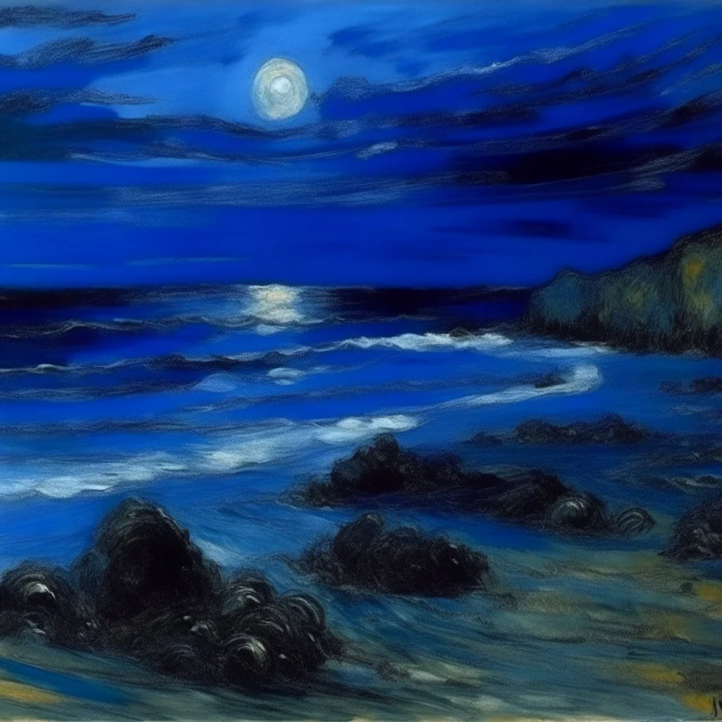 A dark blue gelatinous beach painted by Claude Monet