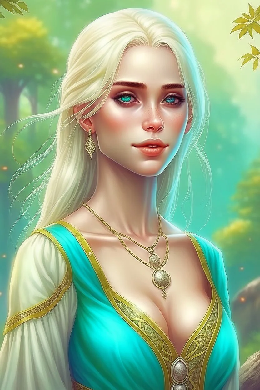 pretty girl, blonde, conventionally attractive, bright clothes, realism, dreamy, tight top, strong, elven