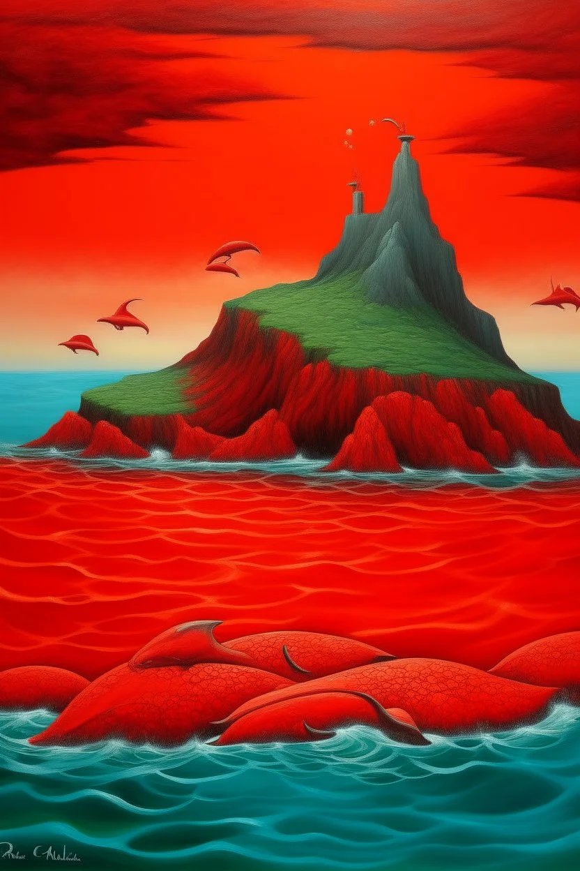 A red volcanic island with dolphins painted by Peter Carl Feberge