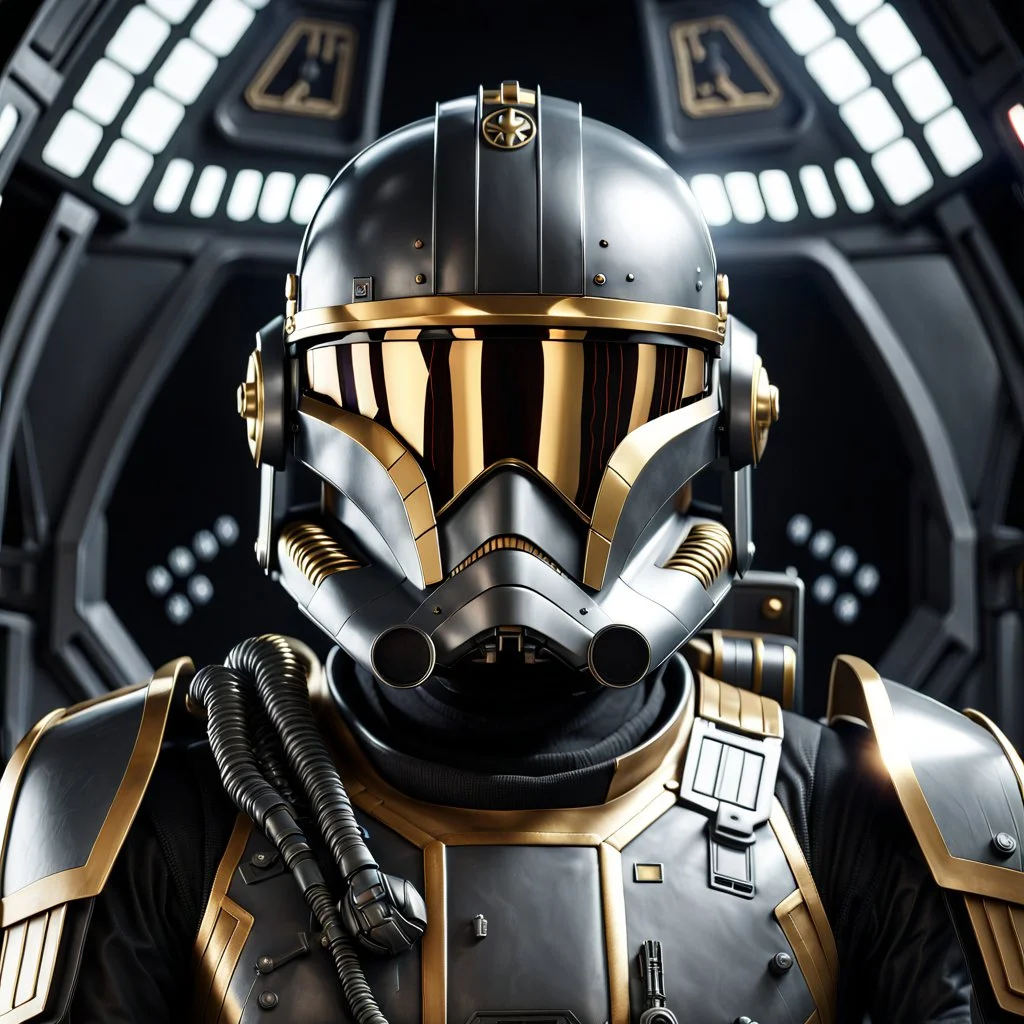 star wars bald male corellian pilot wearing gunmetal grey and black First Order special forces TIE pilot armored flightsuit and helmet with gold trim inside the jedi temple, centered head and shoulders portrait, hyperdetailed, dynamic lighting, hyperdetailed background, 8k resolution, volumetric lighting, light skin, fully symmetric details