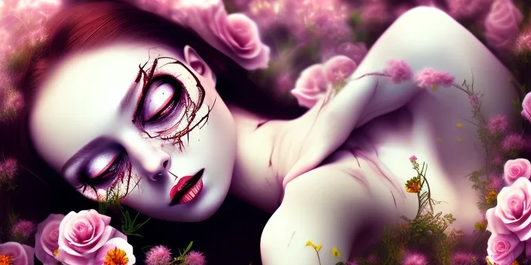 dead girl buried in flowers, beautiful, eyes closed, laying down, gothic