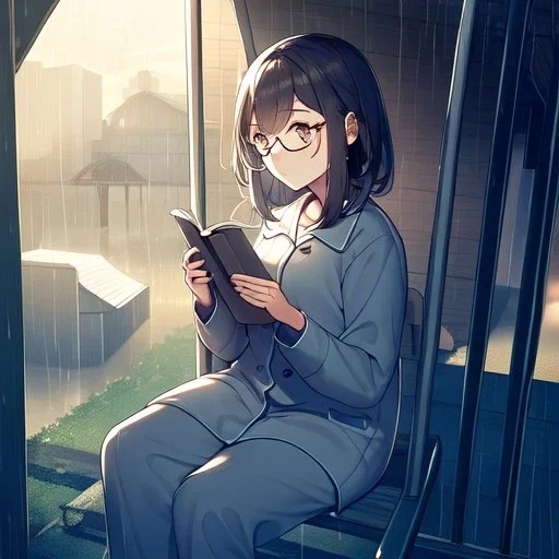 anime girl sitting on a porch swing of an old house, journaling, wearing pajamas,sitting next to a cup of coffee, writing in a book, shes watching it rain, more detail on hands and her face,shes deep in her thoughts, wearing glasses, rain drops