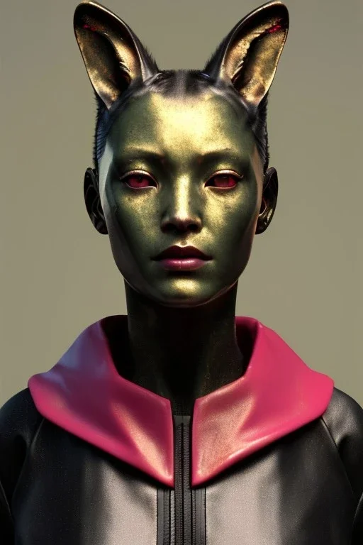 Medium Close Up Portrait, Front image. cyberpunk, rabbit mask, Asian woman, pink hair. latex tracksuit. Red, black, gold, color. Blade runner style. Color background, photo studio. Avatar image, highly detailed, concept art, smooth, unreal engine 5, god rays, ray tracing, RTX, lumen lighting, ultra detail, volumetric lighting, 3d, finely drawn, high definition, high resolution.