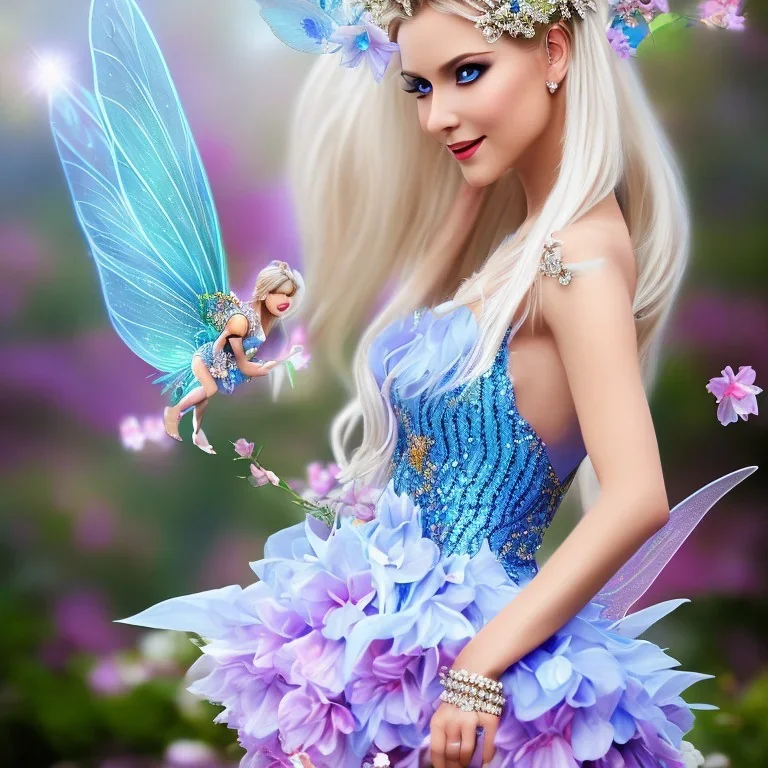 Fantasy fairy with transparent wings, smiling, make up, long platinum blond hair with crown and flowers, blue dress, flowering background