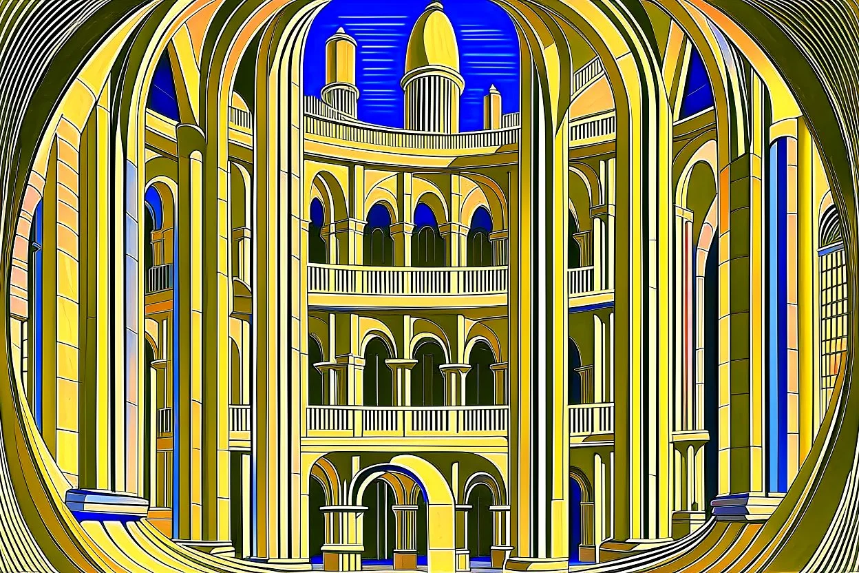 arches arranged in a semicircle, in the middle a slim round tower with an external spiral staircase, symmetrical, by artist "de Chirico",by artist by artist "Escher"