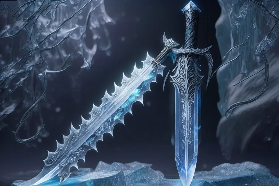 A fantasy greatsword that is a slender, translucent blade made of ice. Its hilt is crafted from swirling vines, leading to a vibrant crystal at the pommel. With a black background behind it. HD