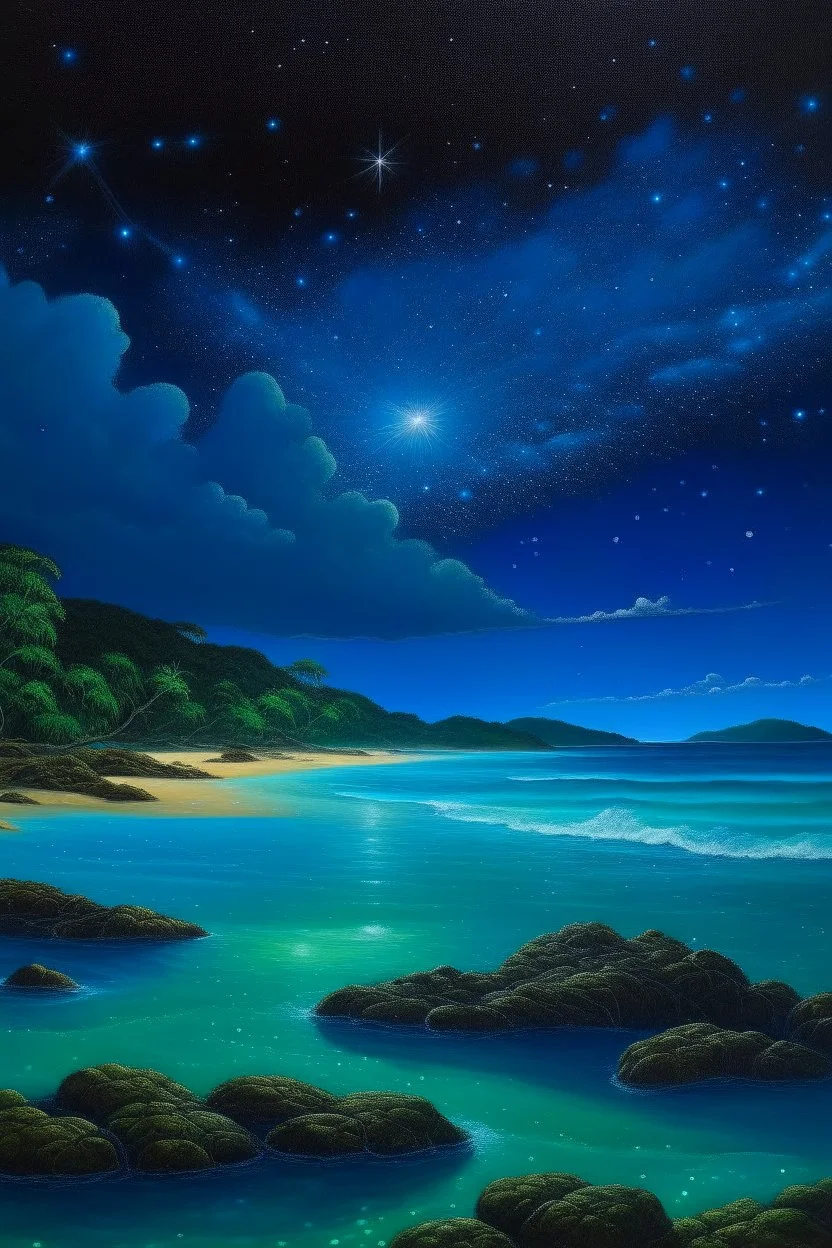 The beach of Leela Island is illuminated by a bright blue light all the stars Oil painting