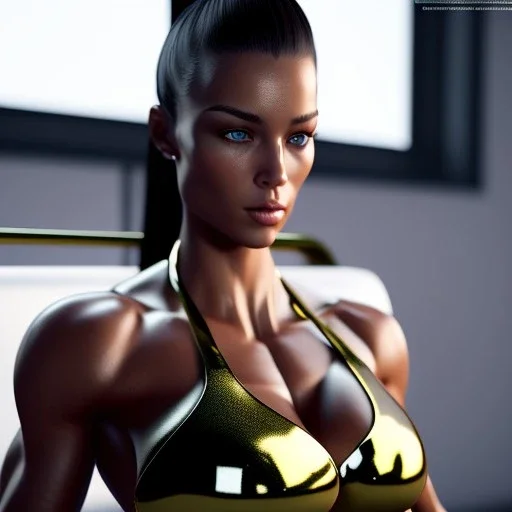 Beautiful fitness model Girl on a bed,photorealistic, shiny skin,8k resolution, ultra detailed, rendered, unreal engine 5