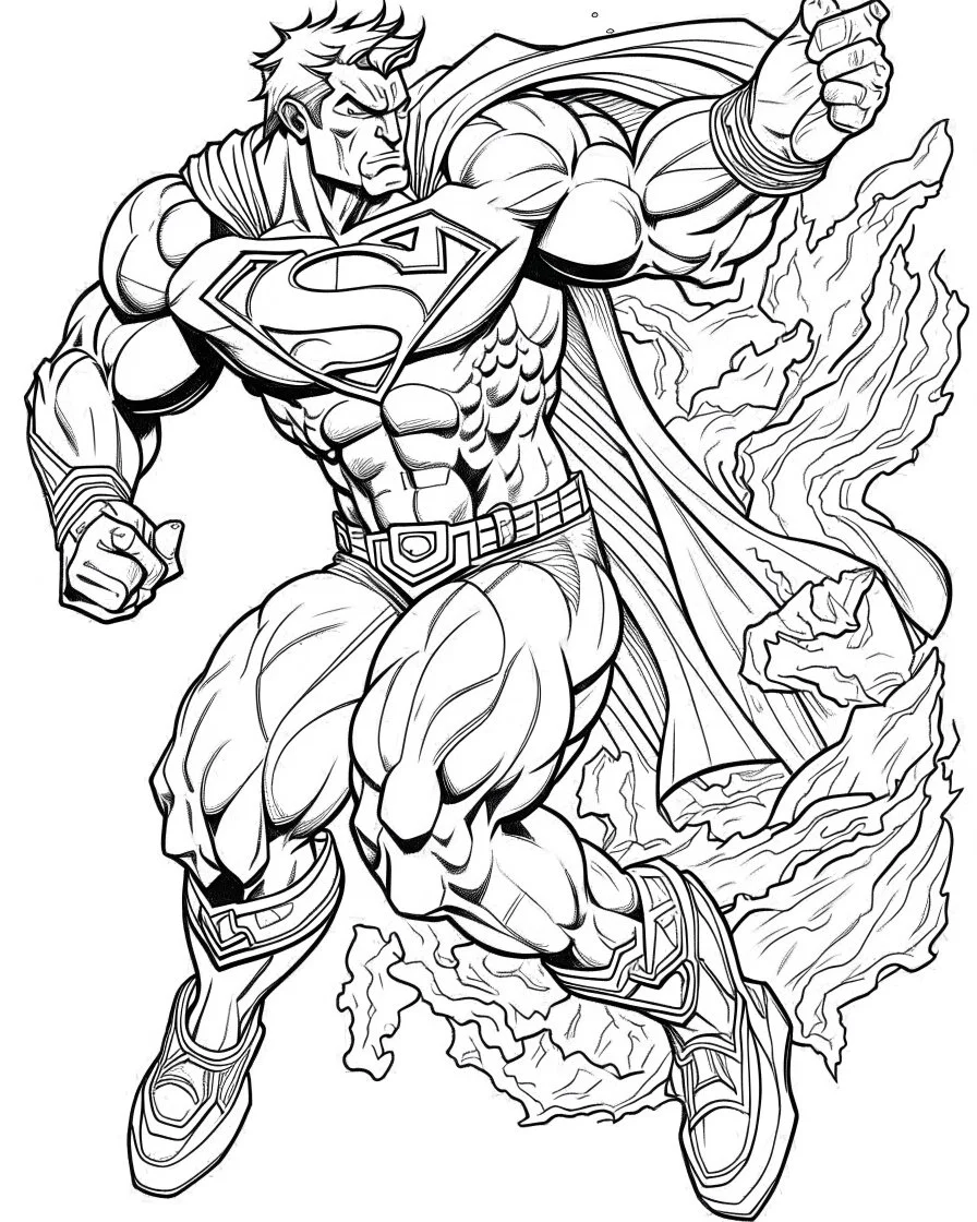 real massive superman fight, coloring page, no leaves, full body (((((white background))))), only use an outline., real style, line art, white color, clean line art, white background, Sketch style