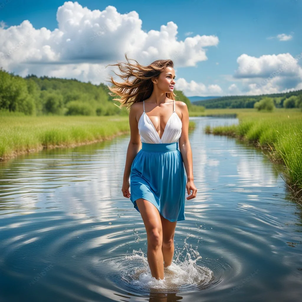 upper body closeup of very beautiful girl walks in water in country side , curvy hair ,next to small clean water river,pretty clouds in blue sky