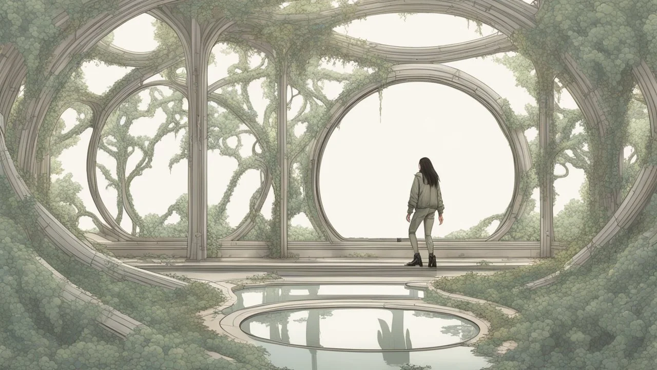 floating alien jellyfish, rampant foliage, and vines, inside a huge vaulted alien building, with circular windows, woman with black hair in a ponytail, in camouflage trousers and jacket, photorealistic, Intricate Detail, sunny day