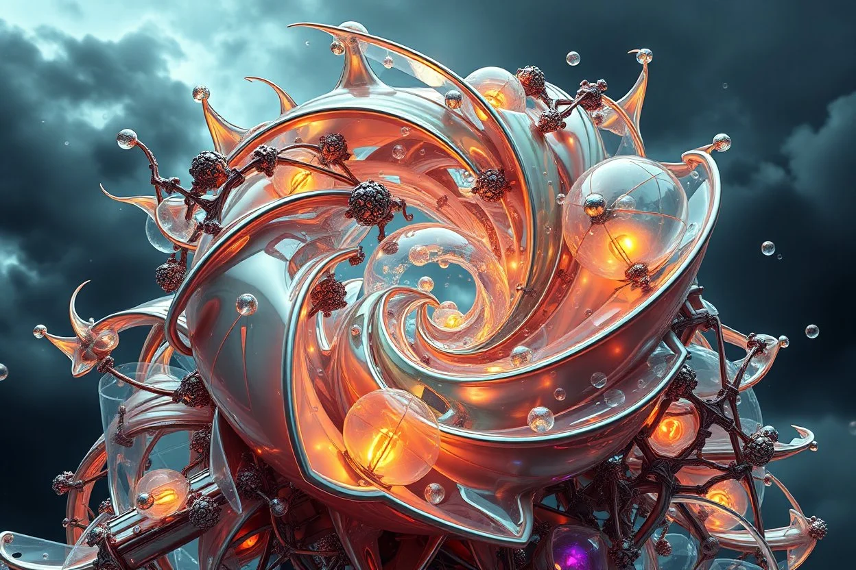Dynamic complex hypnotic fractal 3D structures Symmetry twisting and morphing between cifi plants ,and metal geometric forms , smooth translucent iridescent glass with inner glow and bubbles, varied transparent materials, stormy skies, intense dramatic