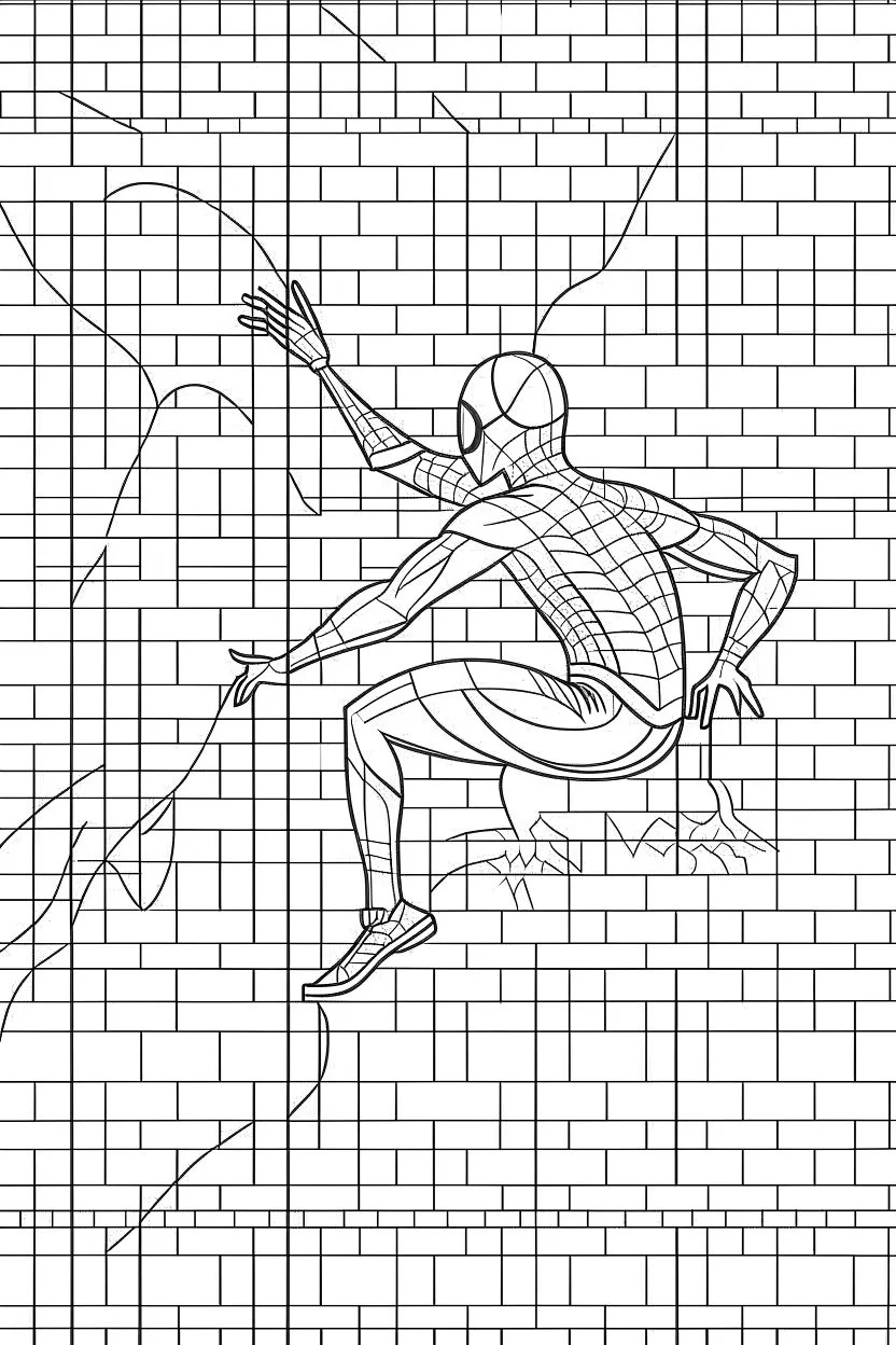 spider -man, climbing wall, realistic, each unique, flat vector, full view, only draw lines, clean line art, –no sketch, white background, minimalistic black lines, minimal black color, coloring page, thin black line art, perfect shape, perfect clear lines,