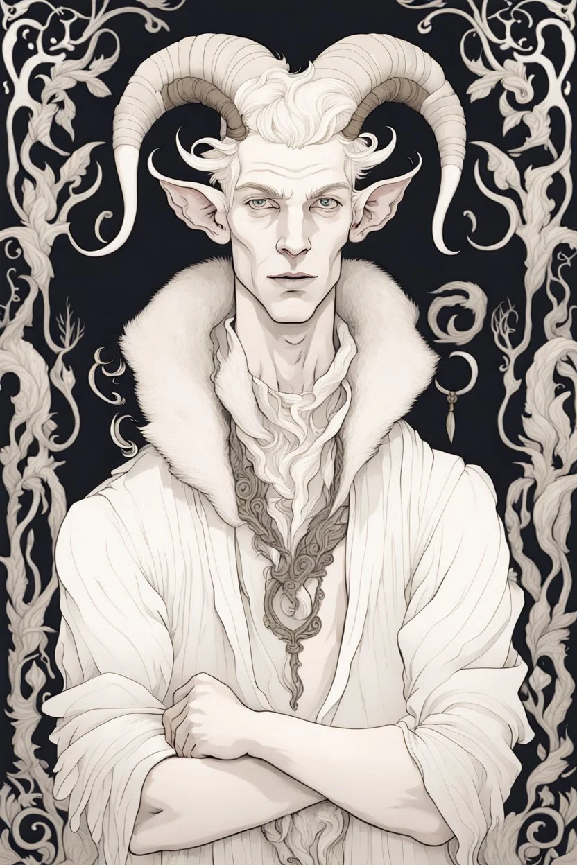 young satyr male albino alchemist with goat horns in the style of Aubrey Beardsley