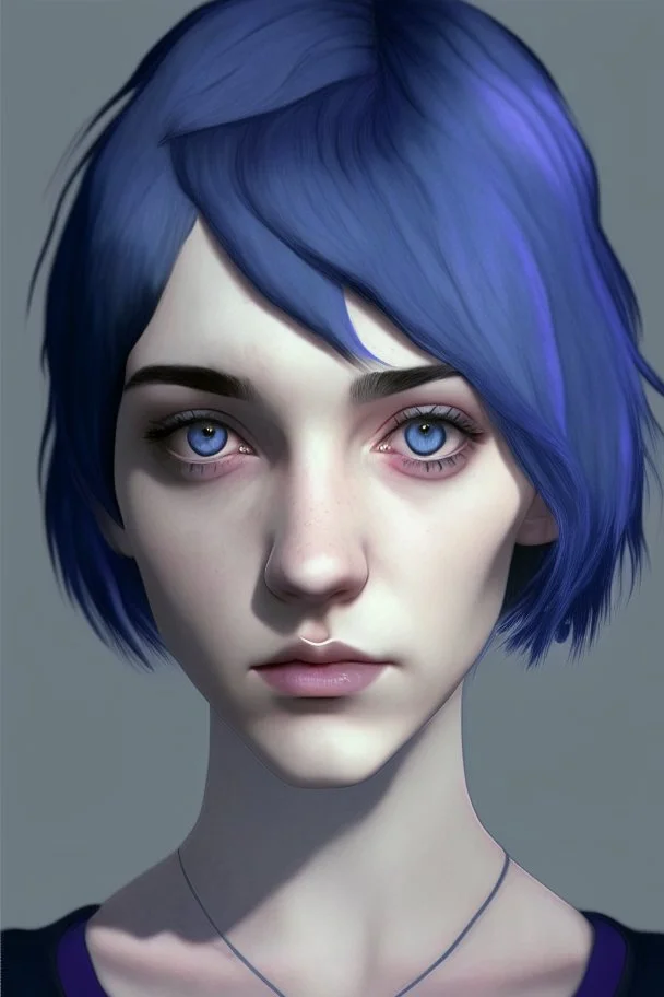 Realistic female teenager with pale skin, big grey eyes, blue and purple short hair, angular facial features, round face, prominent collarbones, black clothing