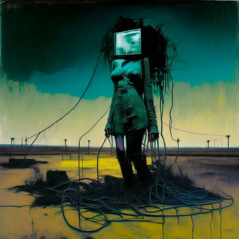 Dystopian future women twisted body with retro monitor head and handing wires. In desolate landscape at night. With a concrete decaying block. Abstract oil painting in style of Justin Mortimer