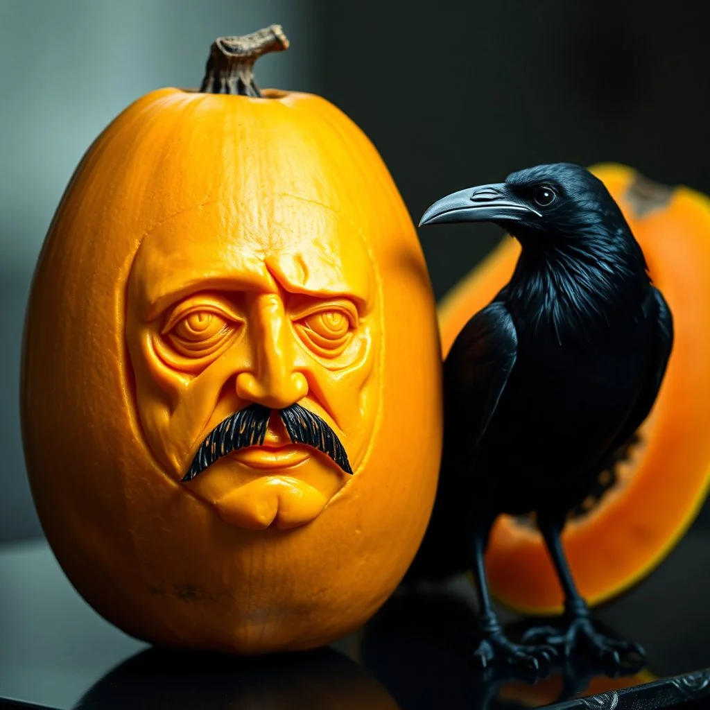 Papaya that is carved to look like the face of Edgar Allen Poe, surreal, profound, raven stands next to the papaya