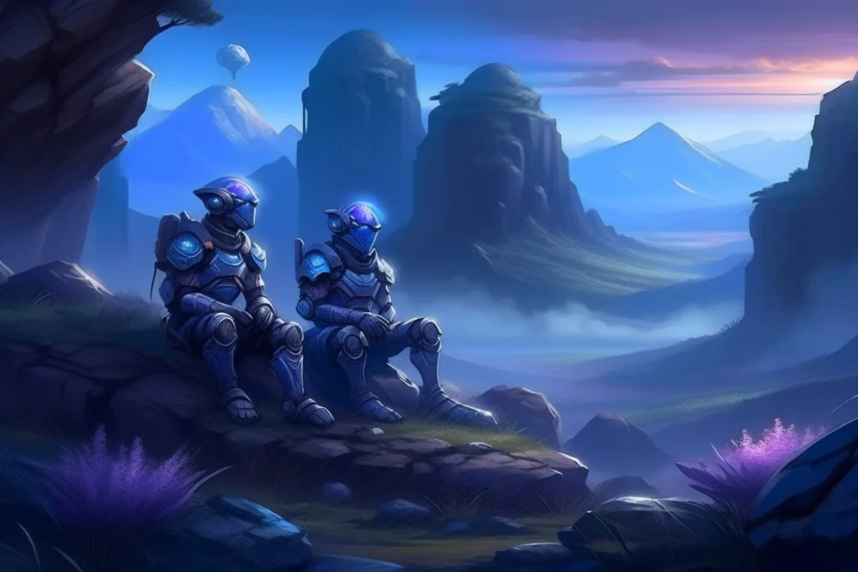 two medieval soldiers in armor sitting near rocks while looking at distant mountains with purple and blue distant mist and glowing mushrooms and plants around the soldiers